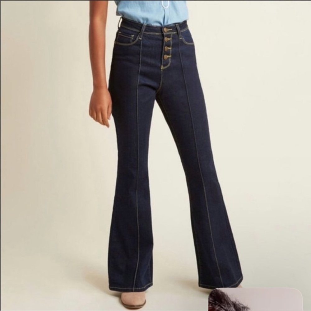 Modcloth Button Fly Flare Jeans,Indigo dark wash high waist Large 29